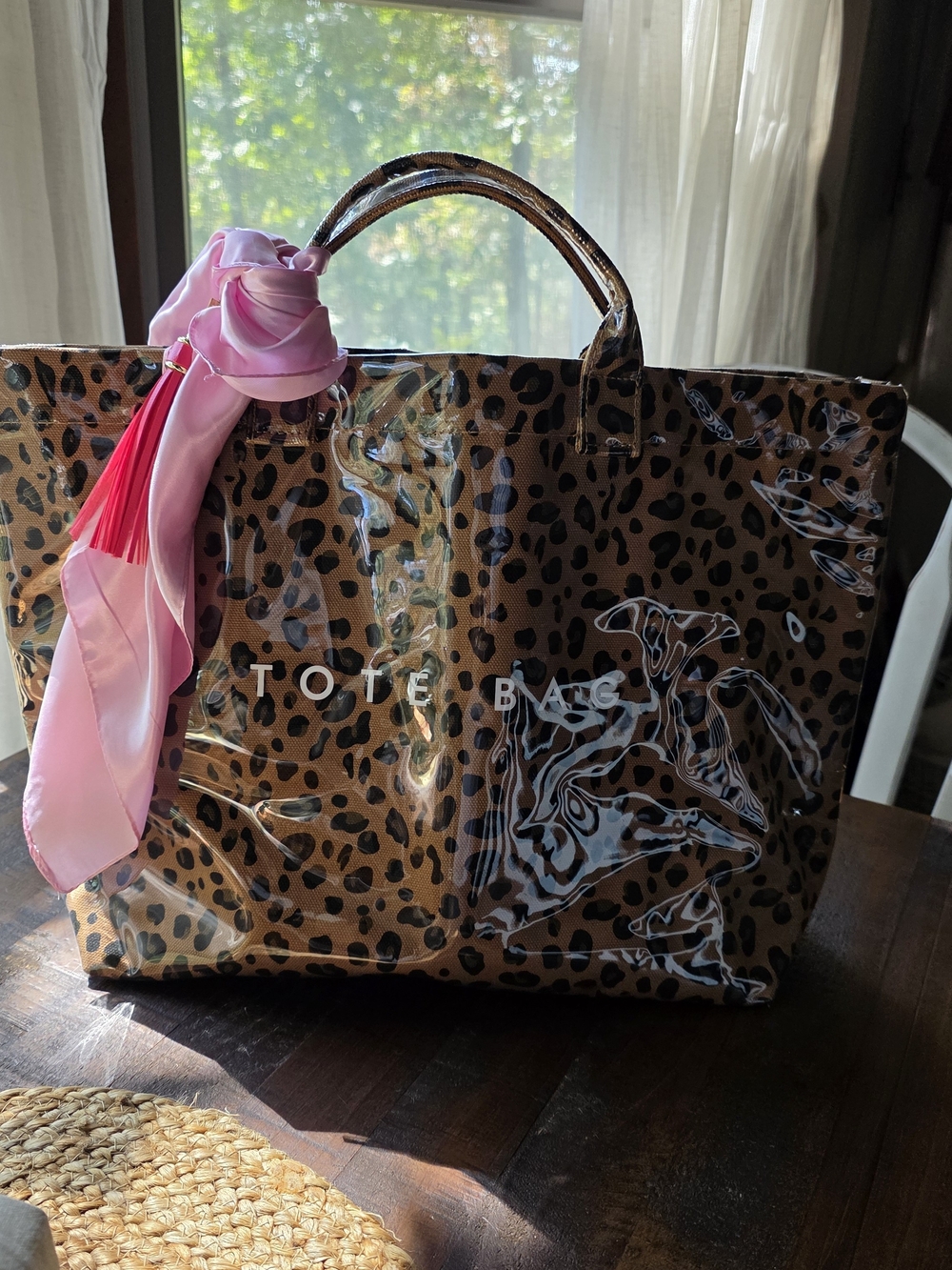 Leopard Print Tote Bag with Pink Scarf Accent